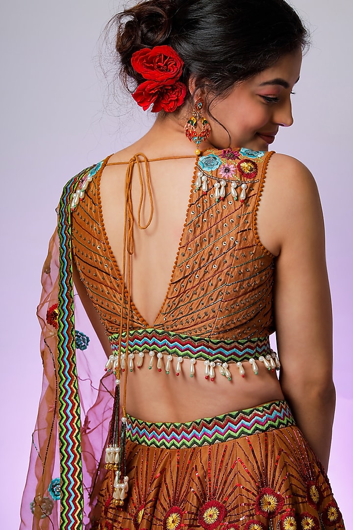 Caramel Silk Chanderi Embroidered Bridal Lehenga Set by Jubinav Chadha at Pernia's Pop Up Shop
