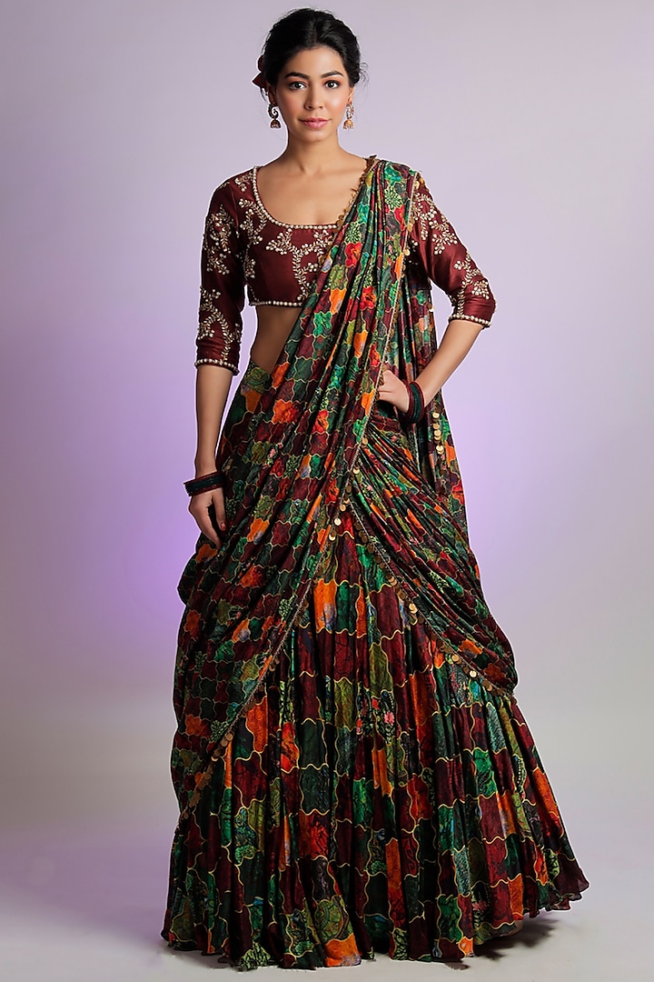 Multi-Coloured Silk Chanderi Printed Lehenga Set by Jubinav Chadha