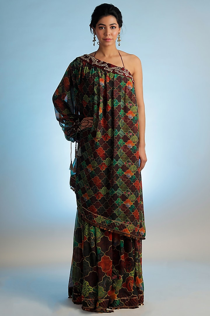 Multi-Coloured Silk Chanderi Printed One-Shoulder Top by Jubinav Chadha