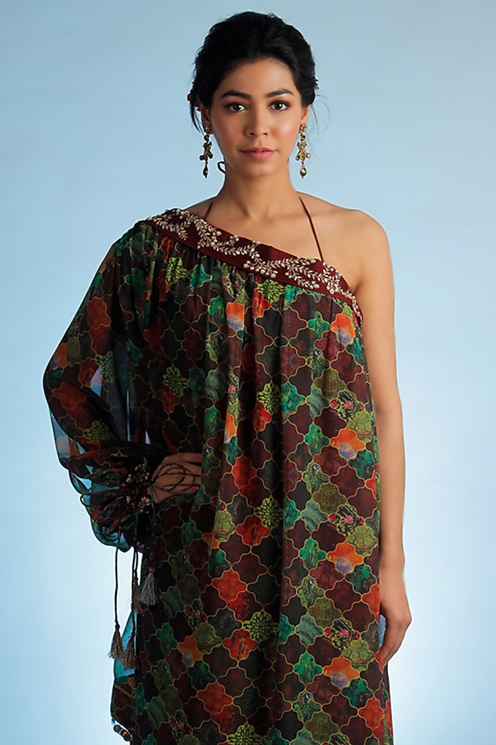 Multi-Coloured Silk Chanderi Printed One-Shoulder Top by Jubinav Chadha at Pernia's Pop Up Shop