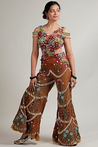 Caramel Silk Organza Embroidered Jumpsuit by Jubinav Chadha