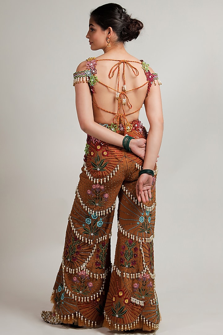 Caramel Silk Organza Embroidered Jumpsuit by Jubinav Chadha at Pernia's Pop Up Shop