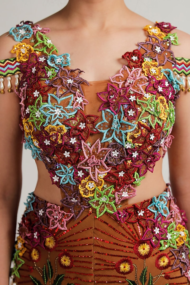 Caramel Silk Organza Embroidered Jumpsuit by Jubinav Chadha at Pernia's Pop Up Shop