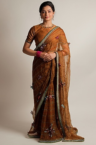 Mustard Silk Organza Floral Machine Embroidered Saree Set by Jubinav Chadha