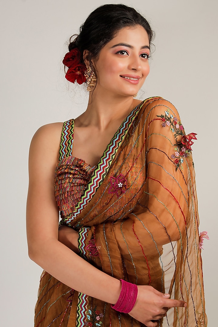 Mustard Silk Organza Floral Embroidered Wedding Saree Set by Jubinav Chadha at Pernia's Pop Up Shop