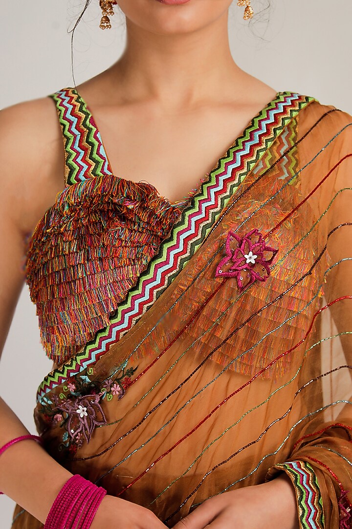 Mustard Silk Organza Floral Embroidered Wedding Saree Set by Jubinav Chadha at Pernia's Pop Up Shop