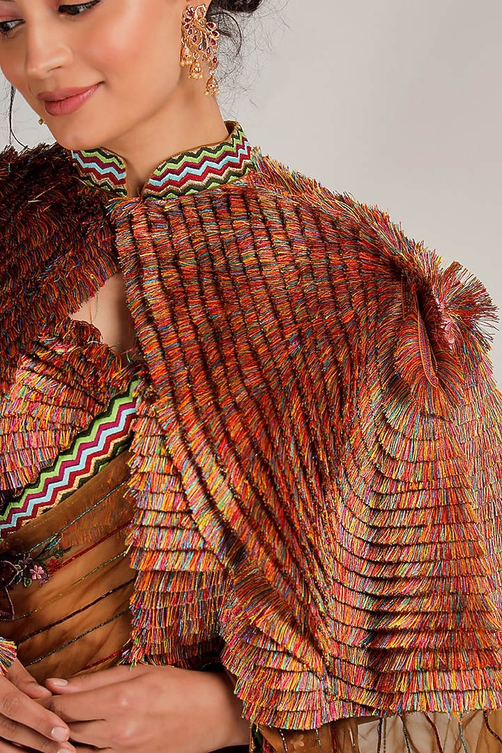 Maroon Silk Chanderi Embroidered Cape by Jubinav Chadha at Pernia's Pop Up Shop