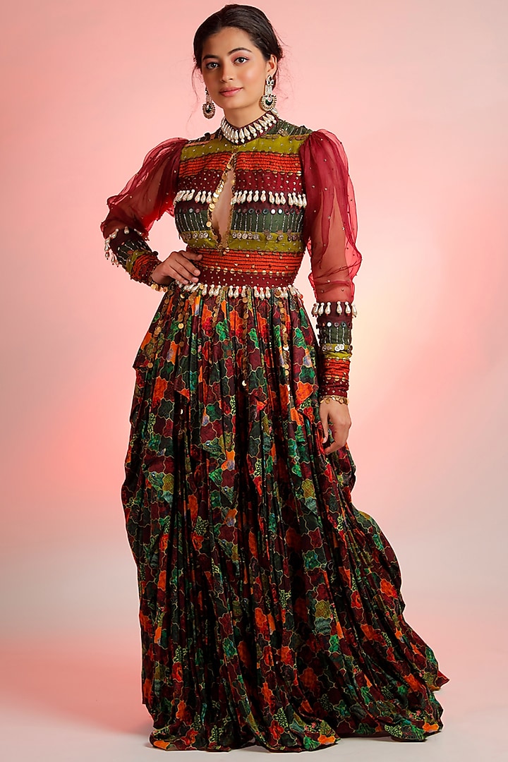 Multi-Colored Raw Silk Printed & Embroidered Gown by Jubinav Chadha