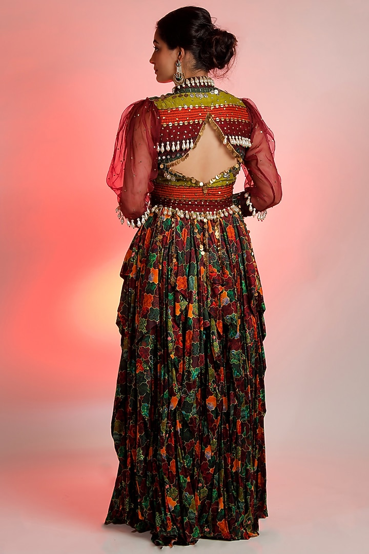 Multi-Colored Raw Silk Printed & Embroidered Engagement Gown by Jubinav Chadha at Pernia's Pop Up Shop