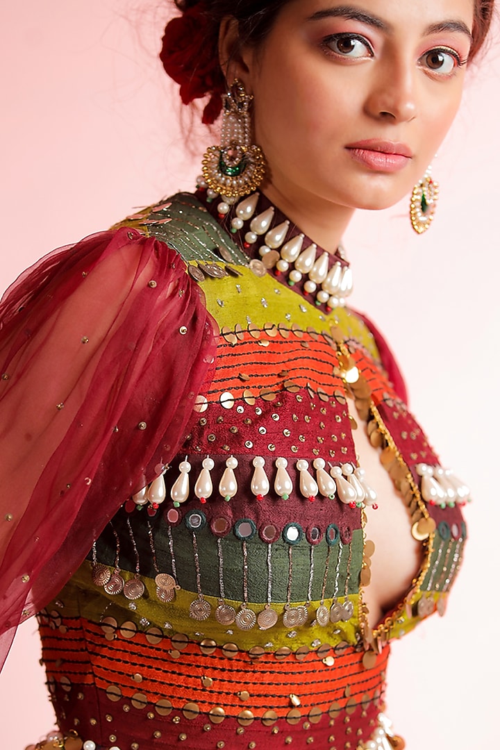 Multi-Colored Raw Silk Printed & Embroidered Engagement Gown by Jubinav Chadha at Pernia's Pop Up Shop
