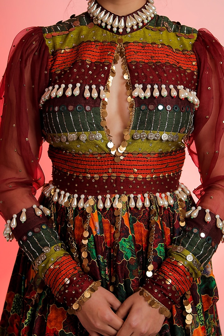 Multi-Colored Raw Silk Printed & Embroidered Engagement Gown by Jubinav Chadha at Pernia's Pop Up Shop
