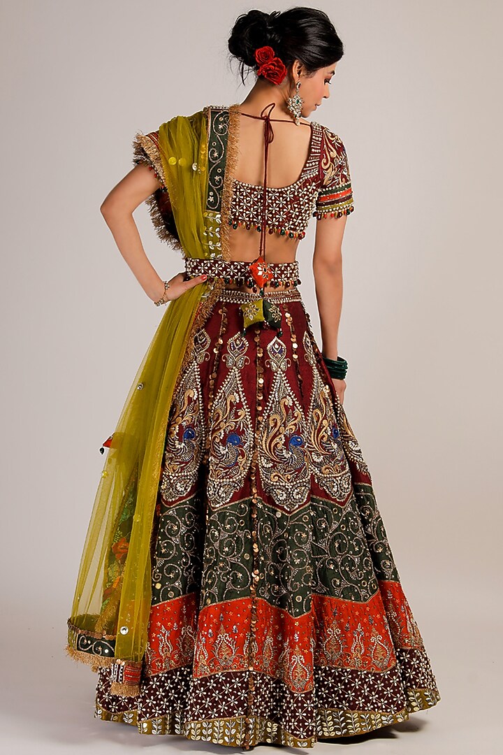 Red & Green Raw Silk Embroidered Bridal Lehenga Set by Jubinav Chadha at Pernia's Pop Up Shop