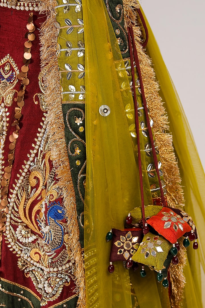 Red & Green Raw Silk Embroidered Bridal Lehenga Set by Jubinav Chadha at Pernia's Pop Up Shop