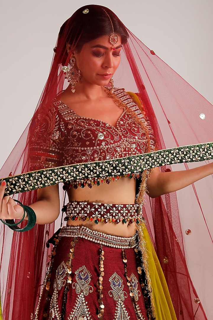 Red & Green Raw Silk Embroidered Bridal Lehenga Set by Jubinav Chadha at Pernia's Pop Up Shop