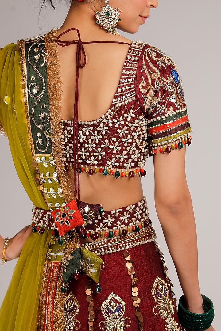 Red & Green Raw Silk Embroidered Bridal Lehenga Set by Jubinav Chadha at Pernia's Pop Up Shop