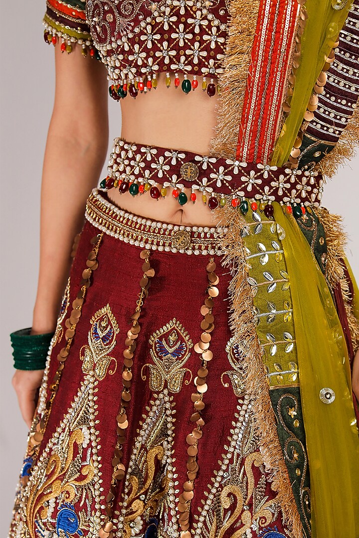 Red & Green Raw Silk Embroidered Bridal Lehenga Set by Jubinav Chadha at Pernia's Pop Up Shop