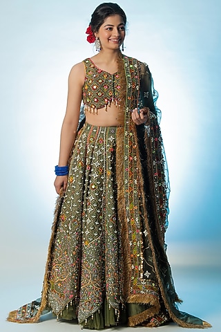Green Silk Chanderi Embroidered Lehenga Set by Jubinav Chadha
