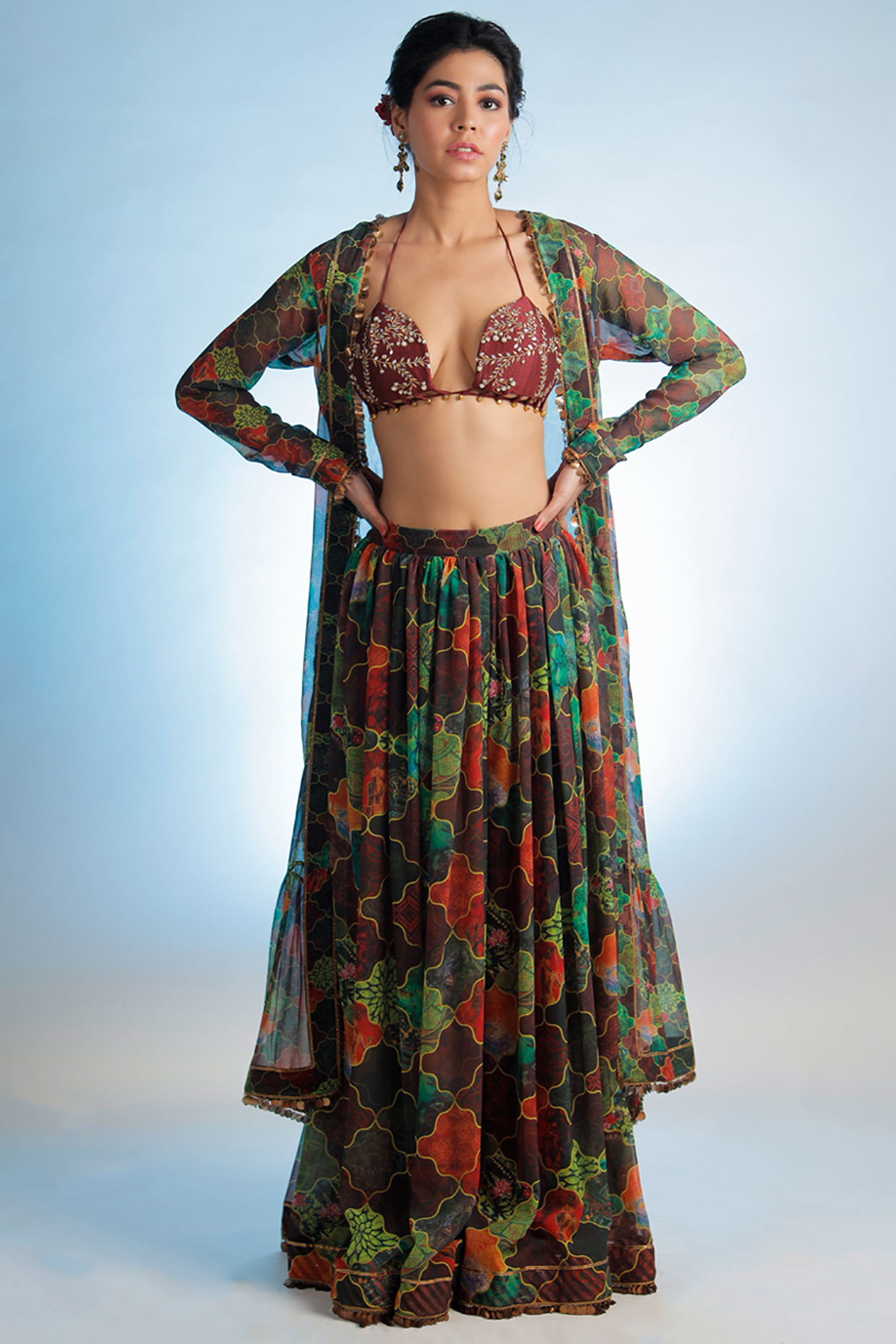 Multi-Coloured Georgette Printed Co-Ord Set by Jubinav Chadha