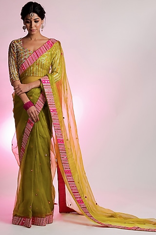 Green Silk Organza Gota Embroidered Saree Set by Jubinav Chadha