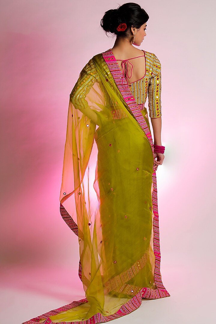 Green Silk Organza Gota Embroidered Wedding Saree Set by Jubinav Chadha at Pernia's Pop Up Shop