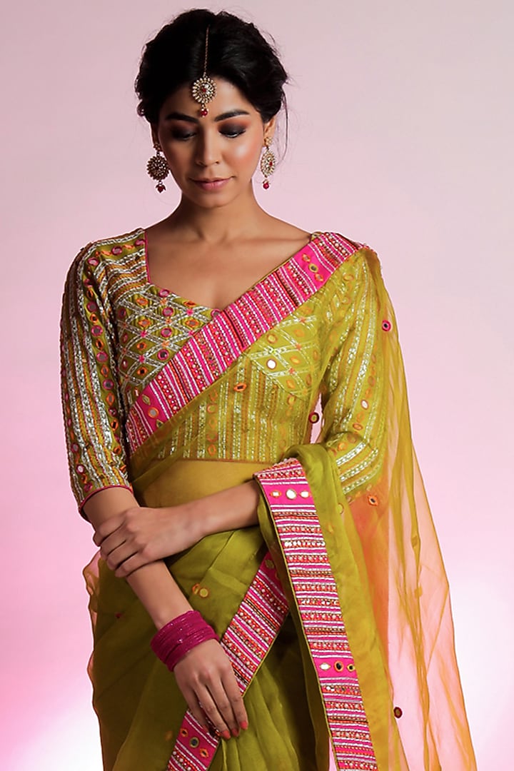 Green Silk Organza Gota Embroidered Wedding Saree Set by Jubinav Chadha at Pernia's Pop Up Shop