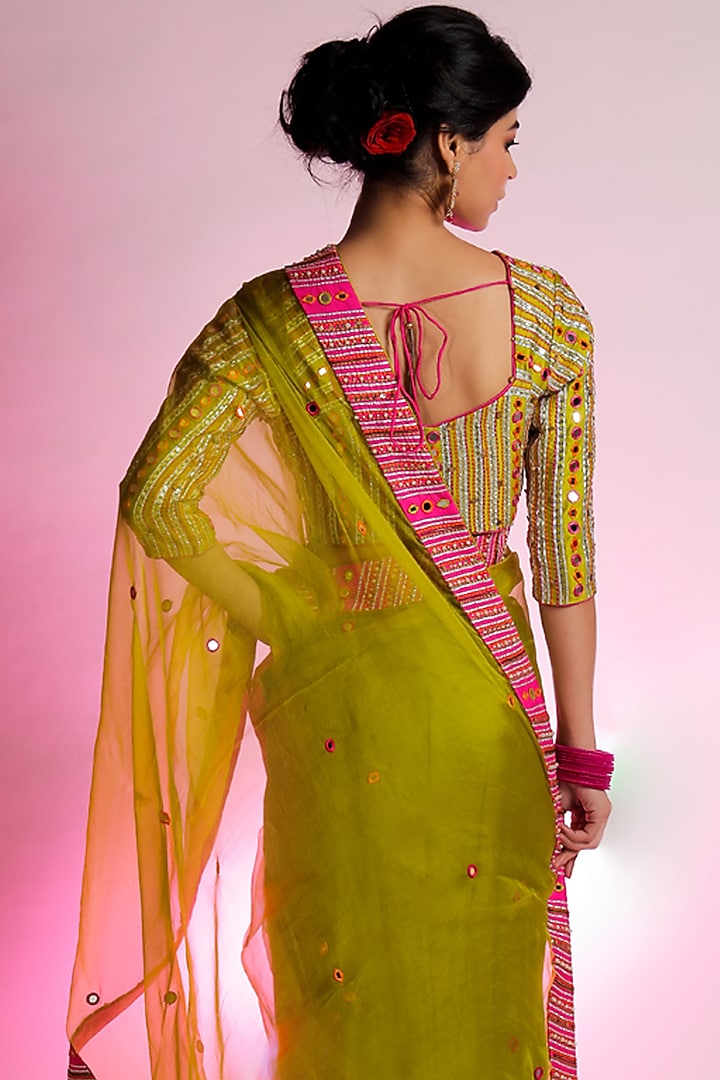 Green Silk Organza Gota Embroidered Wedding Saree Set by Jubinav Chadha at Pernia's Pop Up Shop