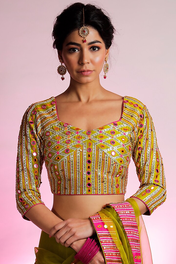 Green Silk Organza Gota Embroidered Wedding Saree Set by Jubinav Chadha at Pernia's Pop Up Shop