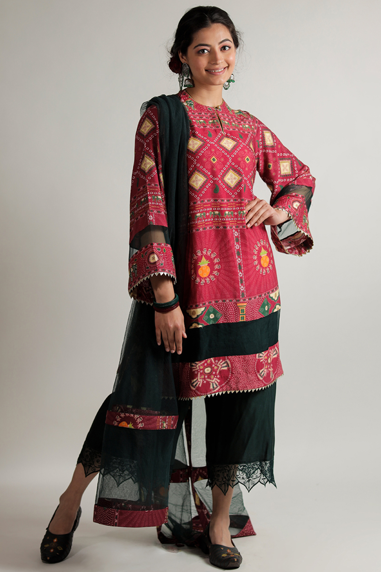 Red Silk Staple Bandhani Printed Kurta Set by Jubinav Chadha