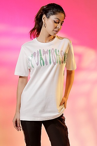White Cotton Jersey Hand Embroidered T-Shirt by Jubinav Chadha