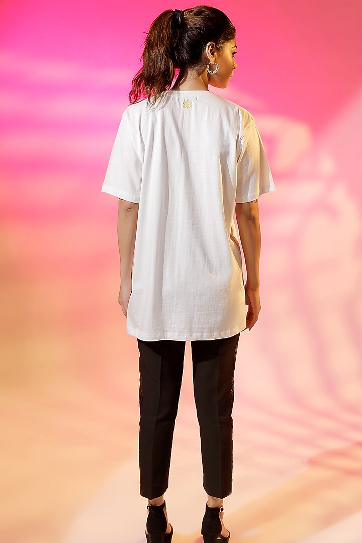 White Cotton Jersey Hand Embroidered T-Shirt by Jubinav Chadha at Pernia's Pop Up Shop