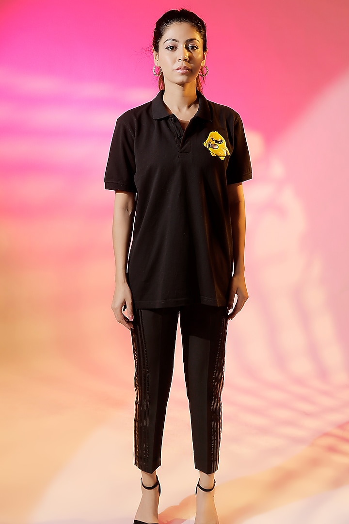 Black Cotton Jersey Quilted Polo T-Shirt by Jubinav Chadha at Pernia's Pop Up Shop