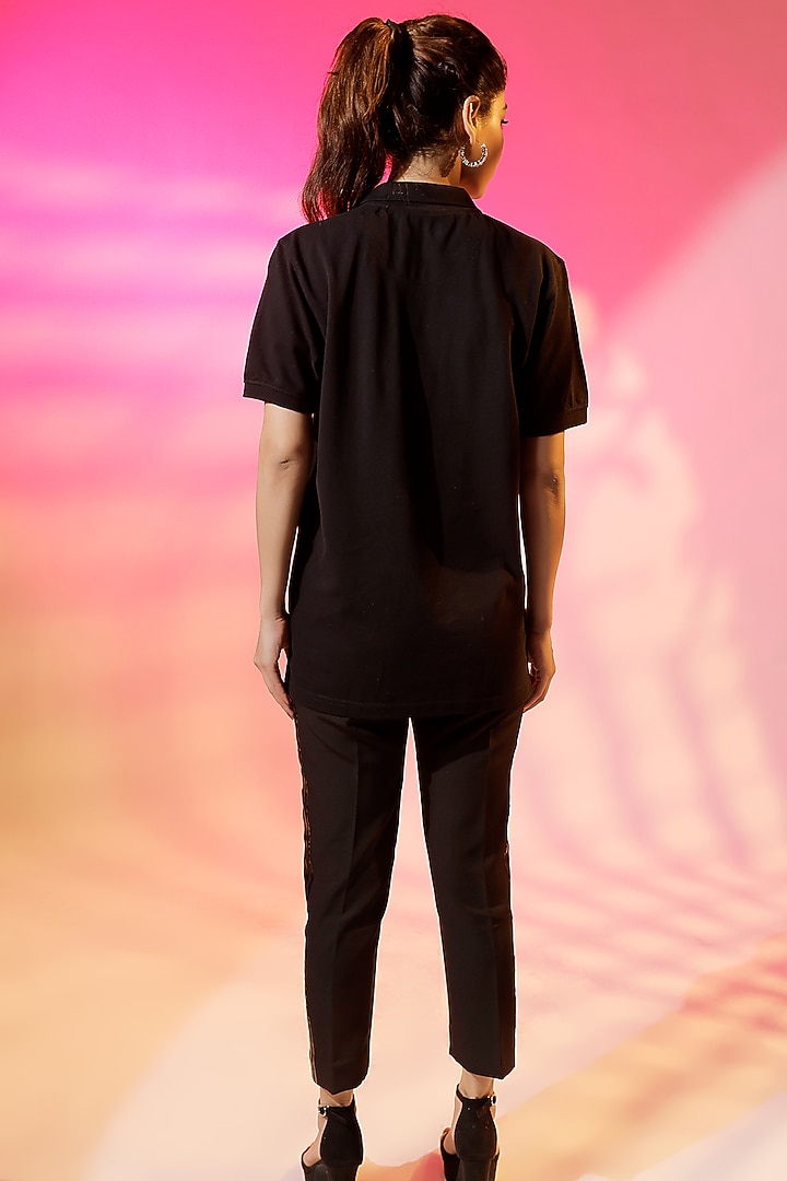 Black Cotton Jersey Quilted Polo T-Shirt by Jubinav Chadha at Pernia's Pop Up Shop