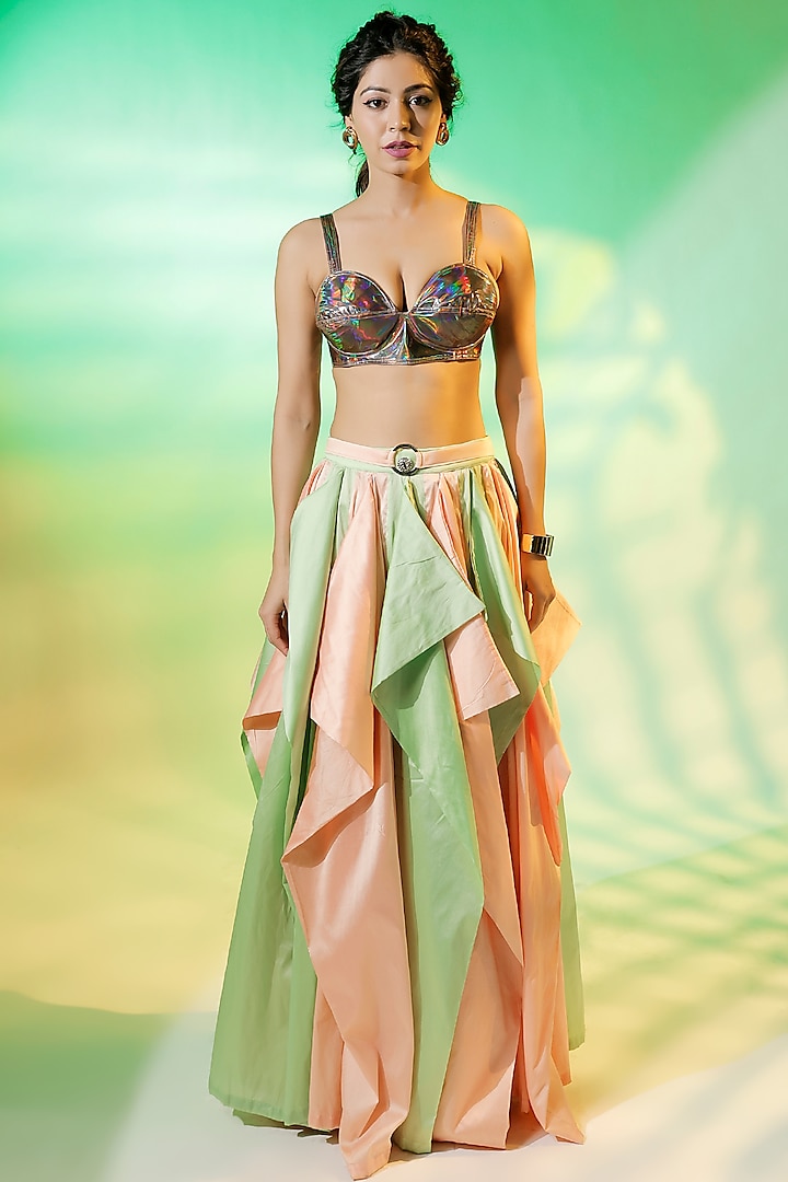 Pastel Pink & Green Taffeta Draped Skirt Set by Jubinav Chadha