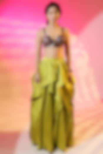 Olive Green Taffeta Draped Skirt Set by Jubinav Chadha