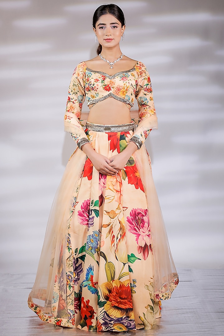 Multi-Colored Crepe Printed Wedding Lehenga Set by Jubinav Chadha at Pernia's Pop Up Shop