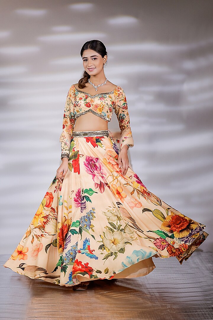 Multi-Colored Crepe Printed Wedding Lehenga Set by Jubinav Chadha at Pernia's Pop Up Shop