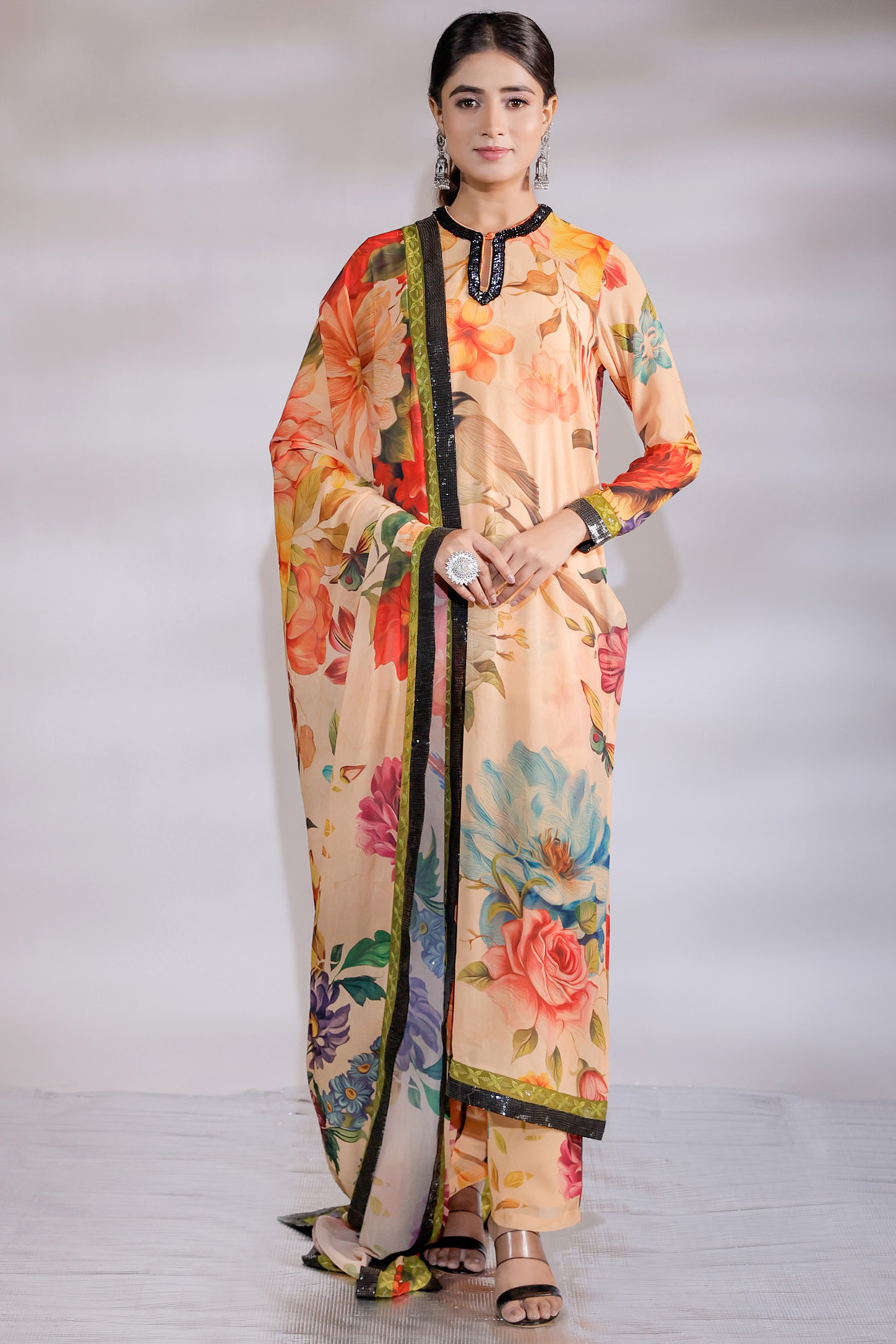 Yellow Georgette Floral Digital Printed Kurta Set by Jubinav Chadha at Pernia's Pop Up Shop