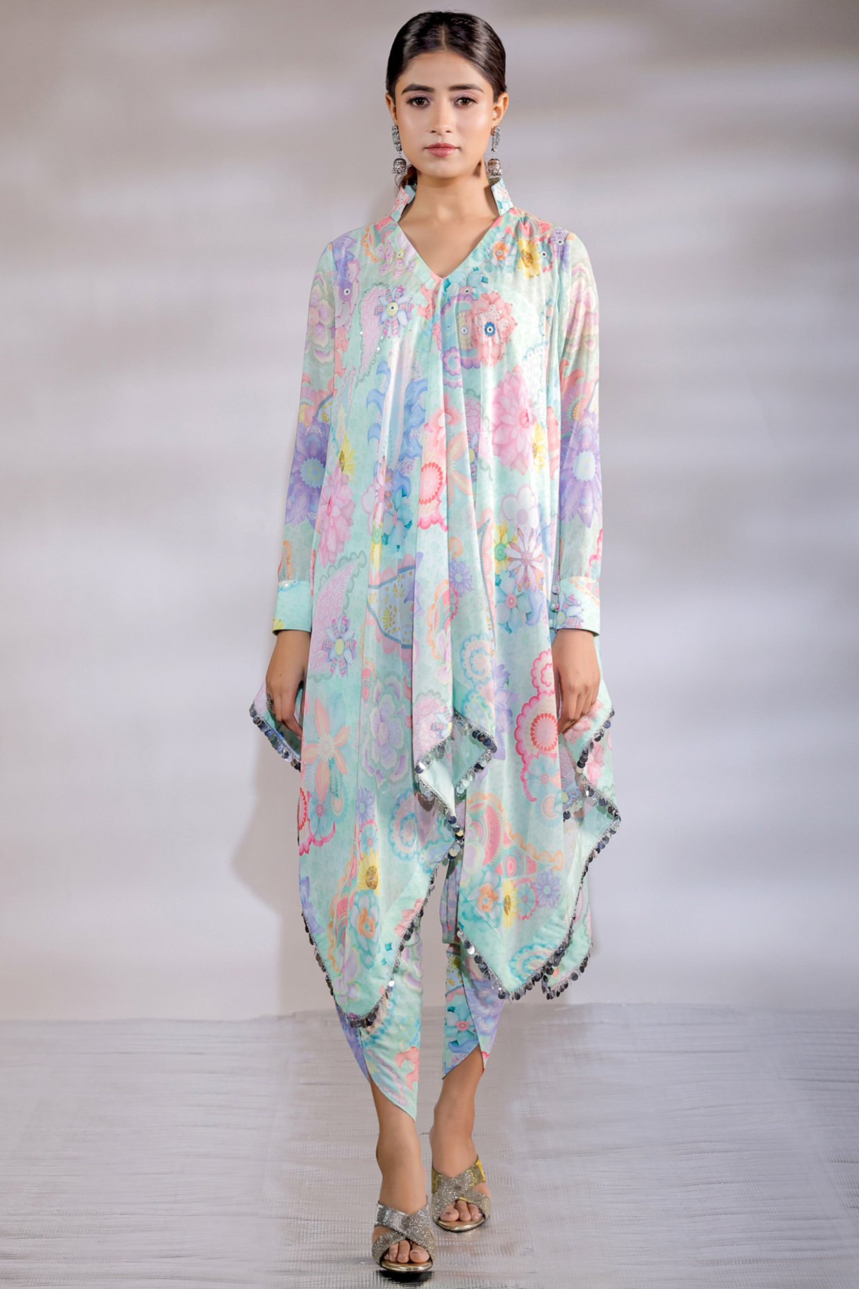 Mint Green Georgette Printed Dhoti Set by Jubinav Chadha at Pernia's Pop Up Shop
