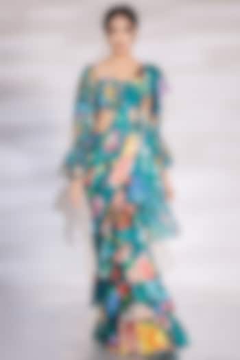 Green Georgette Printed Ruffled Layered Party Wear Saree Set by Jubinav Chadha at Pernia's Pop Up Shop