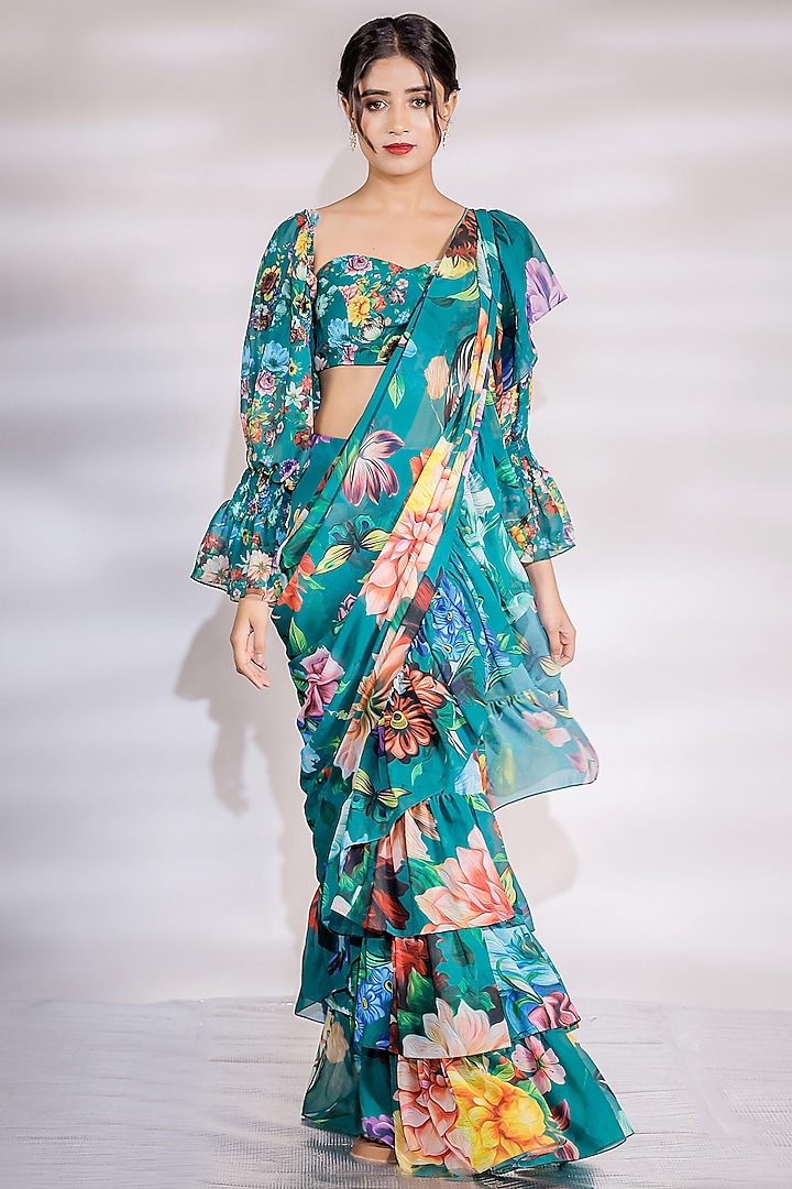 Green Georgette Printed Ruffled Layered Party Wear Saree Set by Jubinav Chadha at Pernia's Pop Up Shop