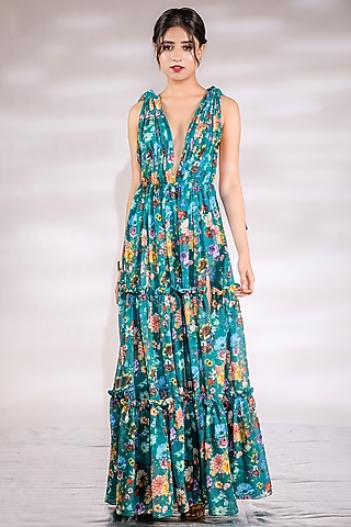 Green Georgette Printed Ruffled Gown by Jubinav Chadha
