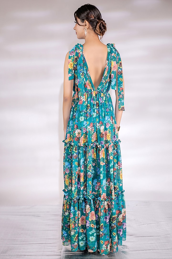 Green Georgette Printed Ruffled Party Wear Gown by Jubinav Chadha at Pernia's Pop Up Shop