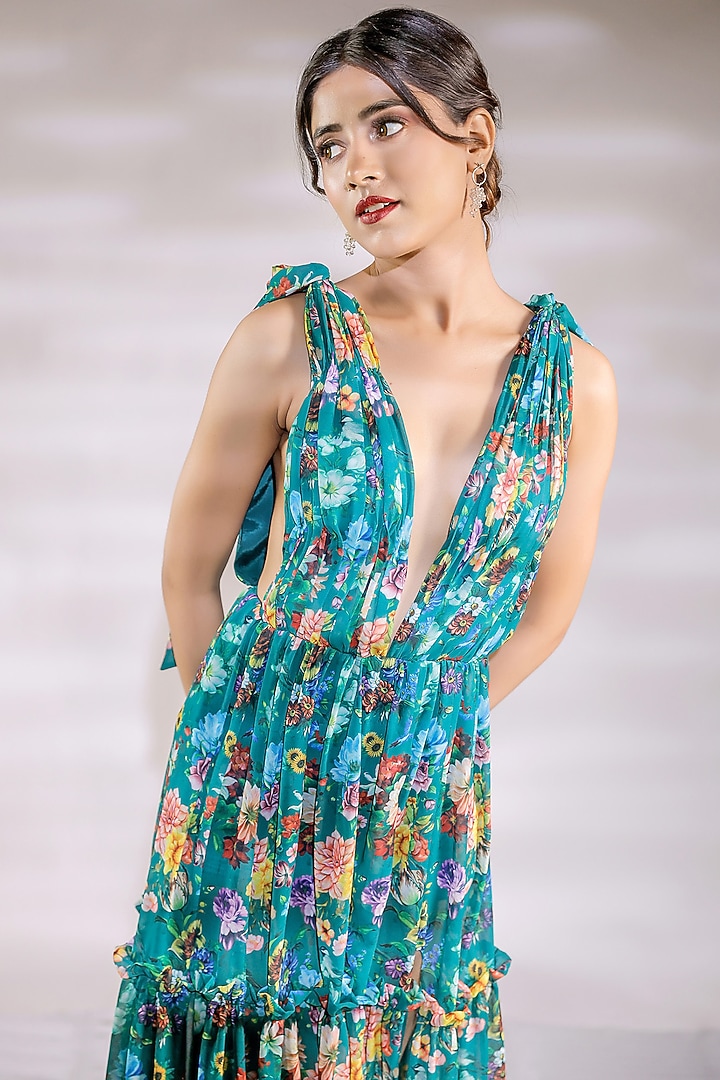 Green Georgette Printed Ruffled Party Wear Gown by Jubinav Chadha at Pernia's Pop Up Shop
