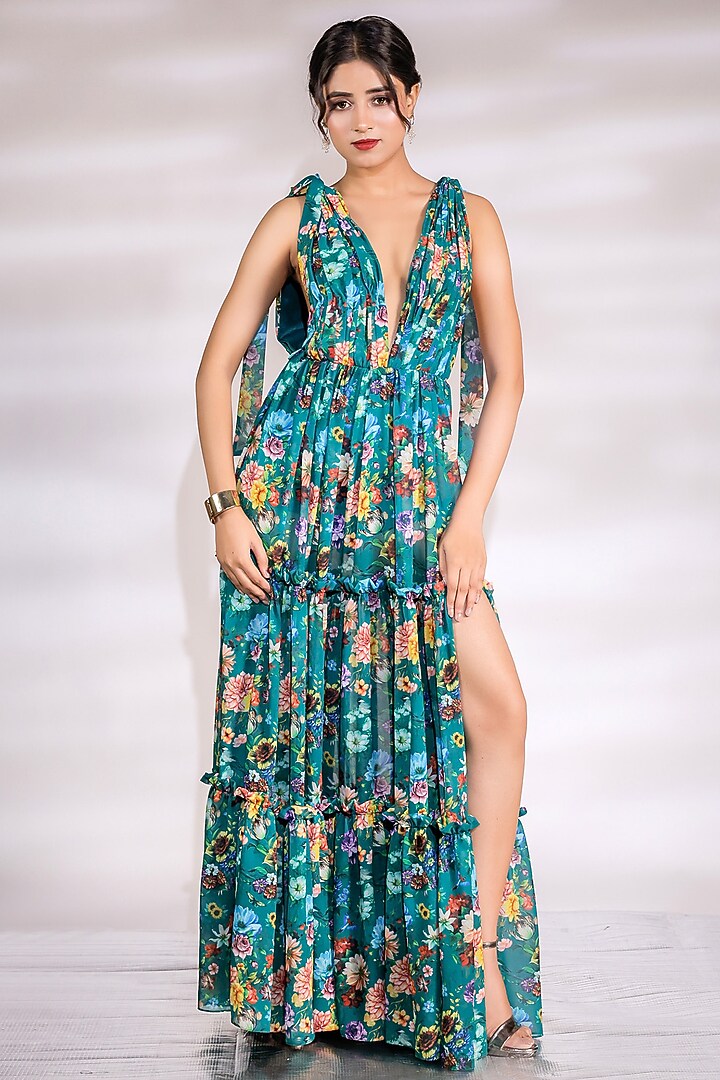 Green Georgette Printed Ruffled Party Wear Gown by Jubinav Chadha at Pernia's Pop Up Shop