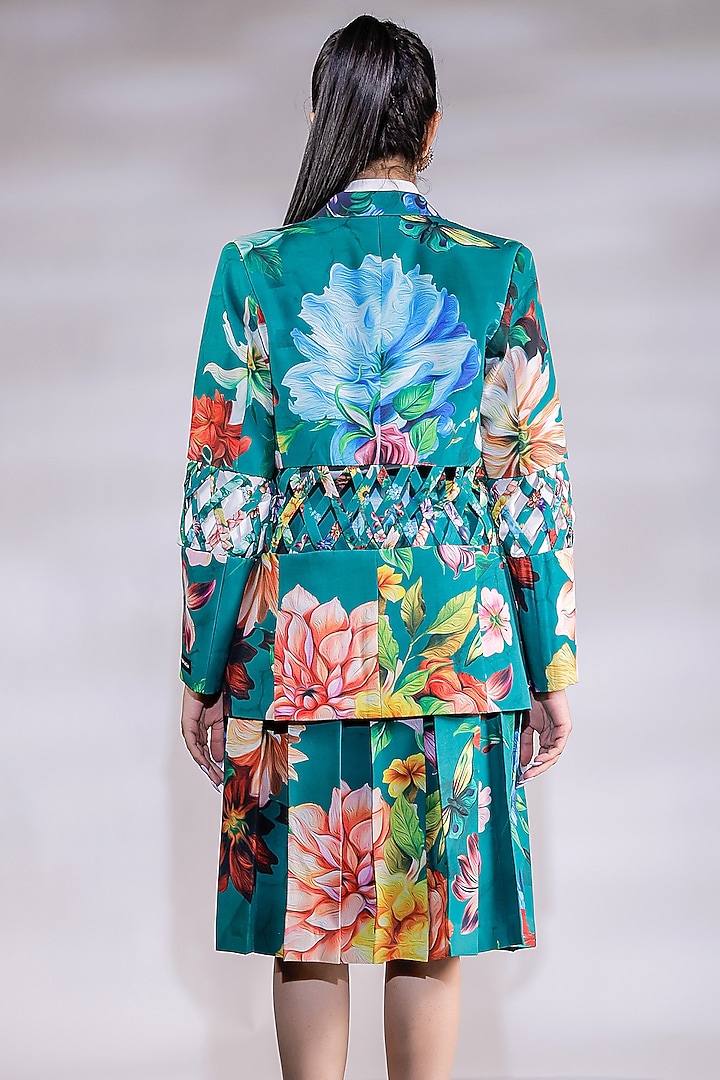 Green Crepe Floral Printed Blazer Set by Jubinav Chadha at Pernia's Pop Up Shop
