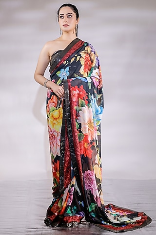 Black Georgette Printed Saree Set by Jubinav Chadha