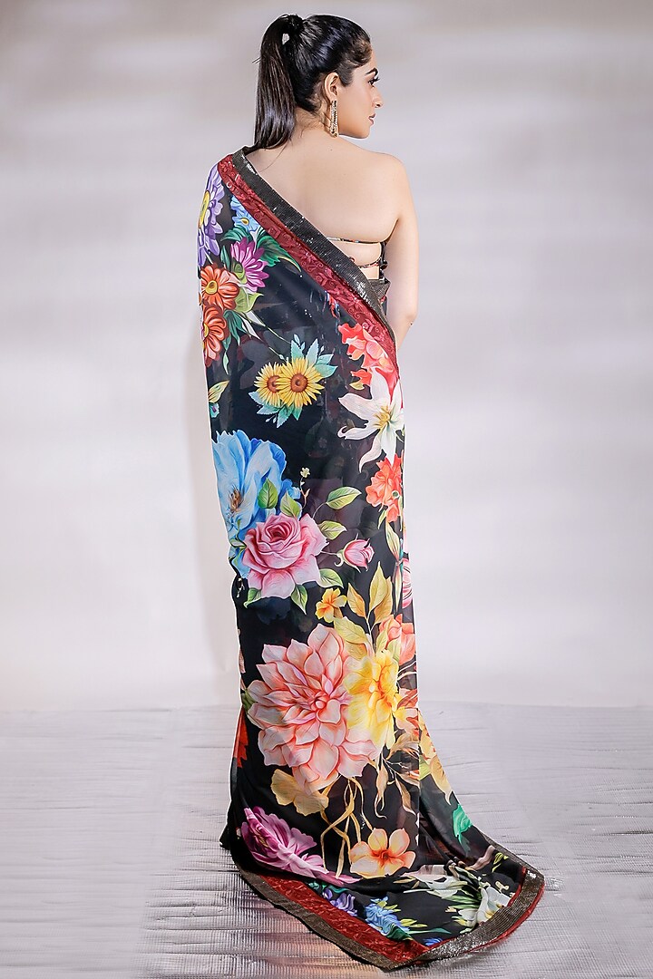 Black Georgette Printed Party Wear Saree Set by Jubinav Chadha at Pernia's Pop Up Shop