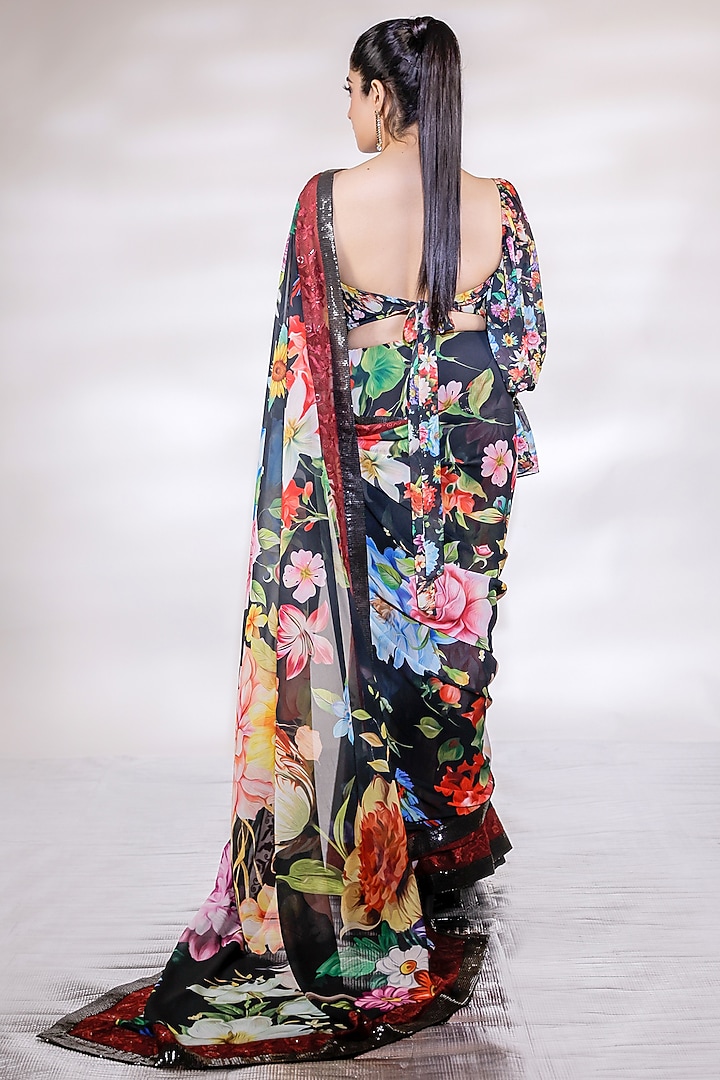Black Georgette Printed Party Wear Saree Set by Jubinav Chadha at Pernia's Pop Up Shop