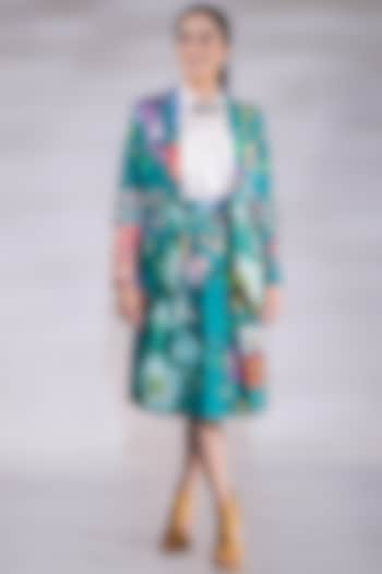 Green Crepe Floral Printed Blazer Set by Jubinav Chadha at Pernia's Pop Up Shop