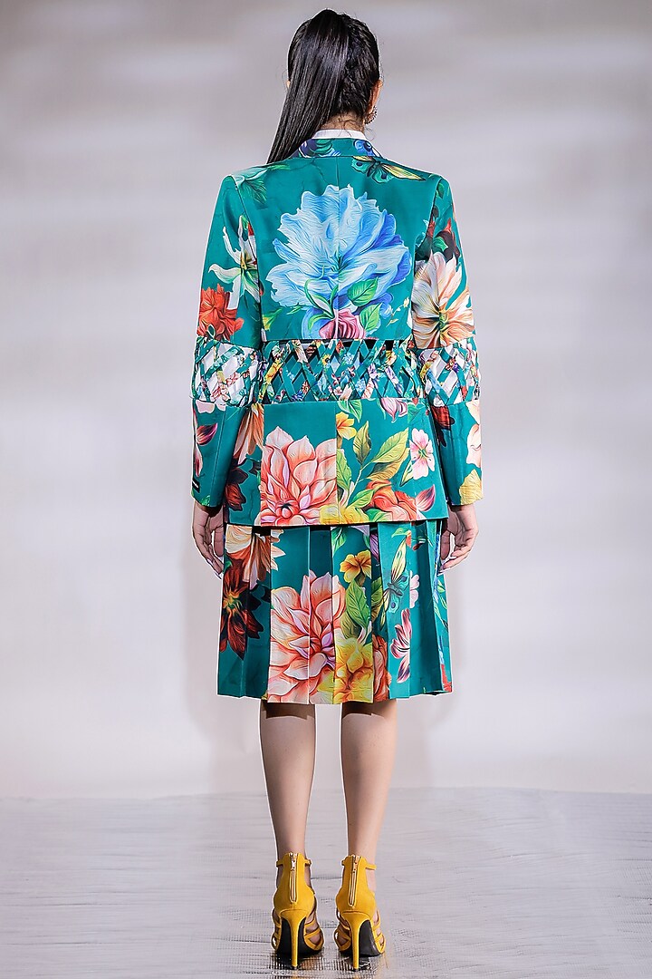 Green Crepe Floral Printed Blazer Set by Jubinav Chadha at Pernia's Pop Up Shop